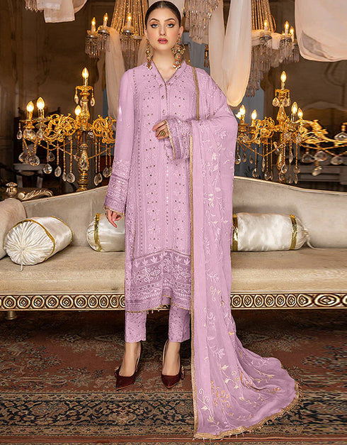 Heavy Designer Wedding Wear Salwar Kameez Light Purple Georgette Pant Straight Front View